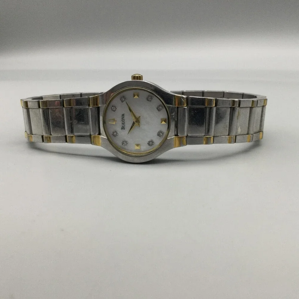 Bulova Womens Watch 25mm MOP Dial Two Tone Stainless Diamond New Battery 7.25